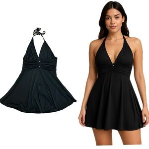 Belle Amie black spaghetti strap halter top flare skater circle mini dress Sz L